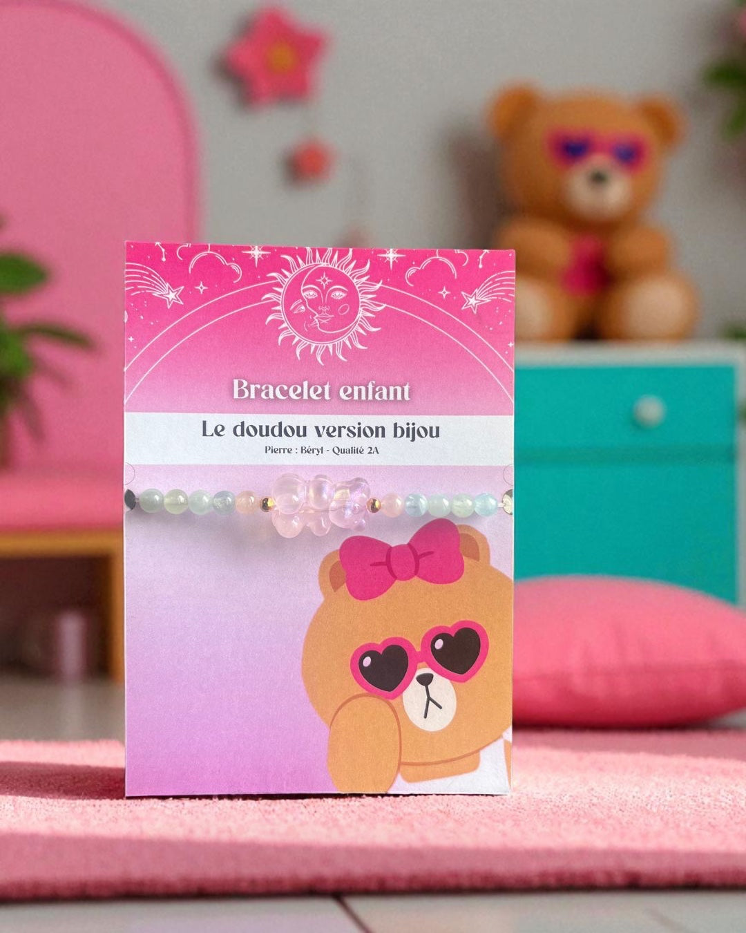 Le doudou version bijoux fille - Bracelet enfant avec ourson pailleté rose 🧸