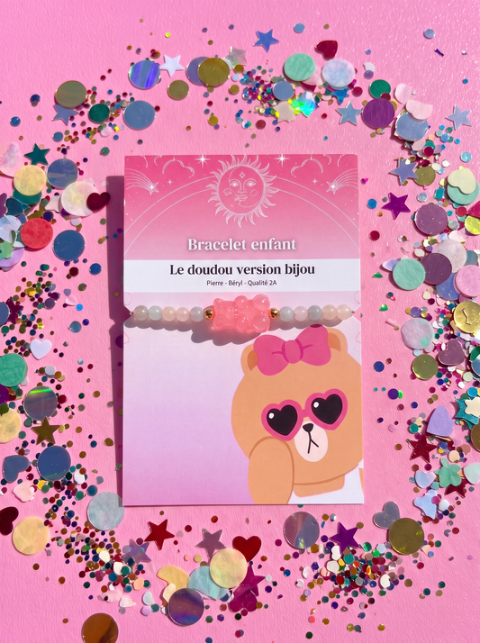 Le doudou version bijoux fille - Bracelet enfant avec ourson pailleté rose 🧸