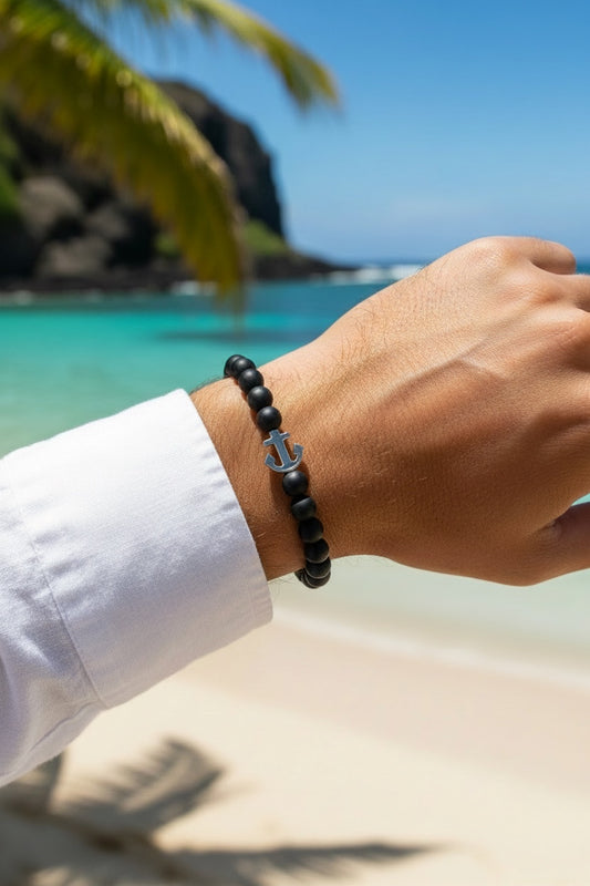 Bracelet Onyx noir mat & ancre - 08 mm ⚓ 🌑