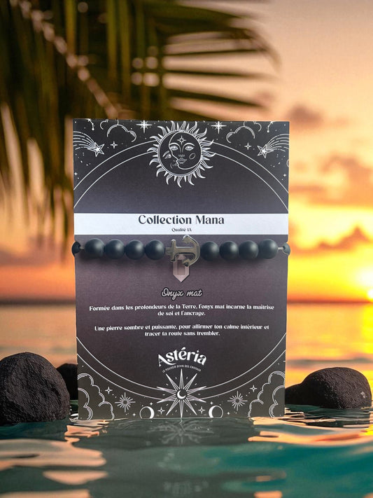 Bracelet Onyx noir mat & ancre - 08 mm ⚓ 🌑