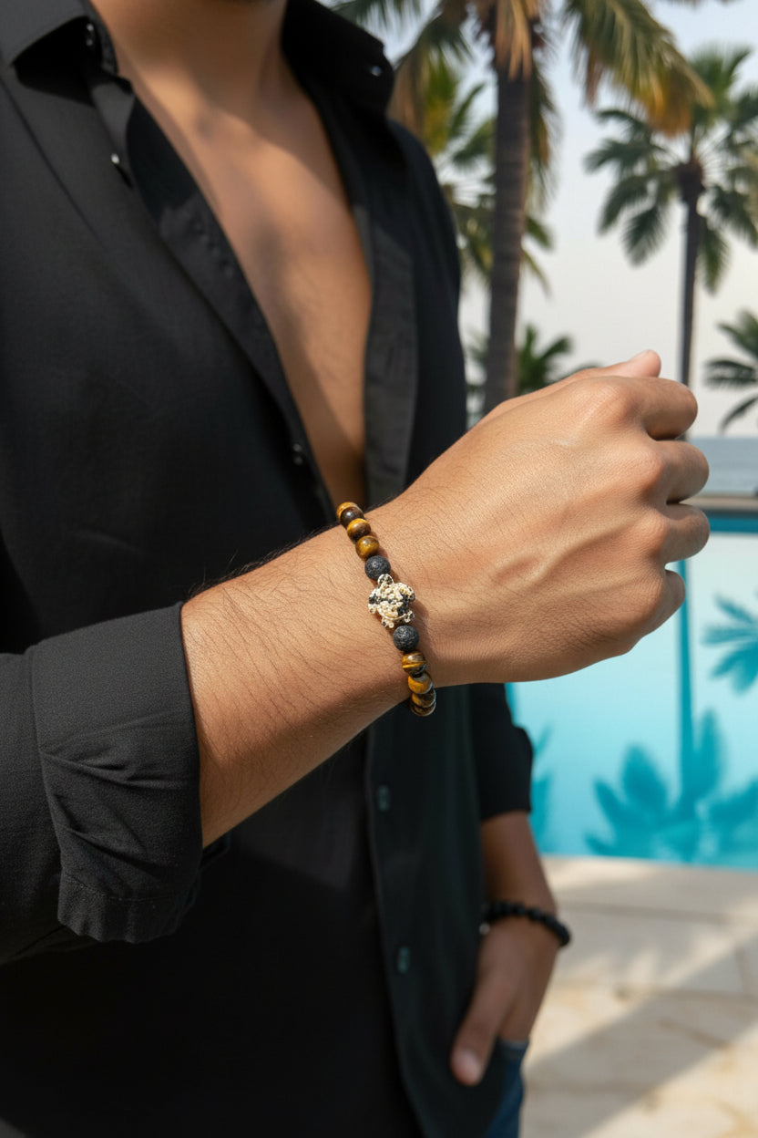 Bracelet en Oeil de tigre & Pierre de lave A - 08 mm 🐅