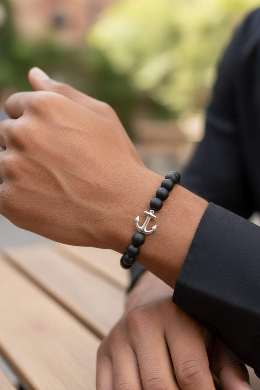 Bracelet Onyx noir mat & ancre - 08 mm ⚓ 🌑