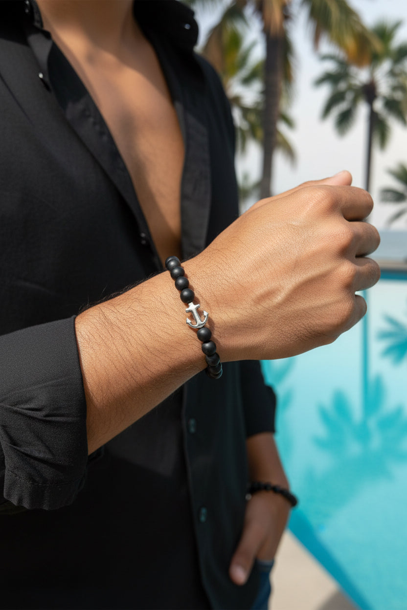 Bracelet Onyx noir mat & ancre - 08 mm ⚓ 🌑