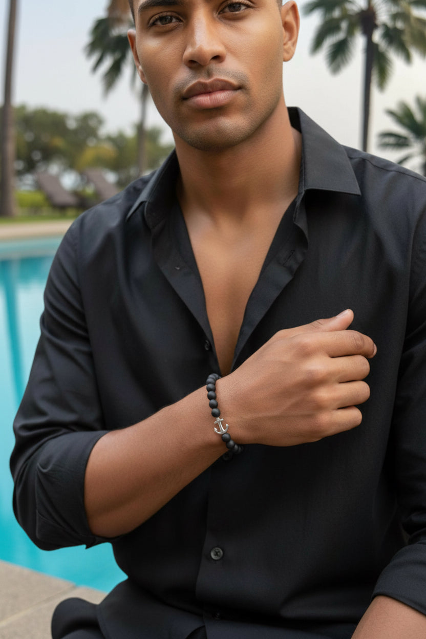Bracelet Onyx noir mat & ancre - 08 mm ⚓ 🌑