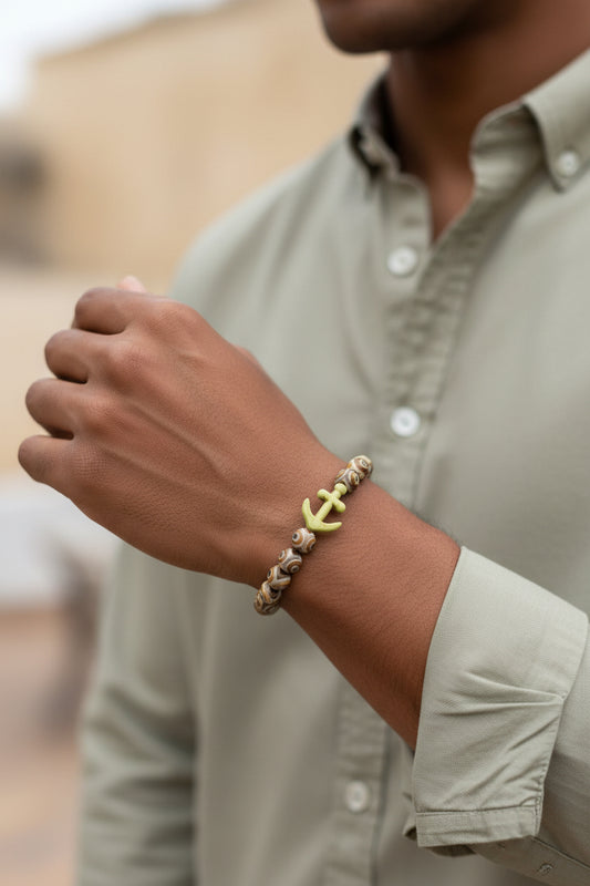 Bracelet Agate tibétaine DZI & ancre - 08 mm ⚓